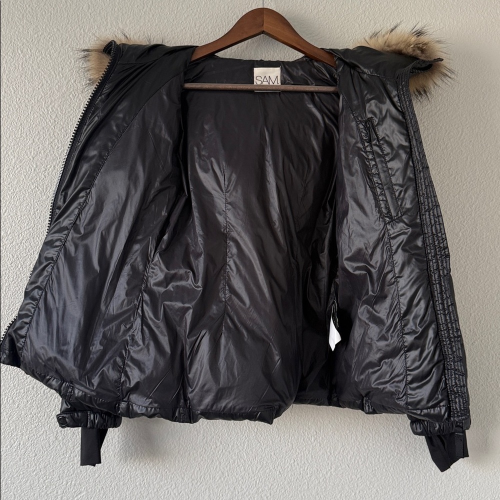 SAM. Black Shiny Blake Down Puffer Racoon Tan Fur Hood Thumb Hole Cuff XS - Picture 16 of 16